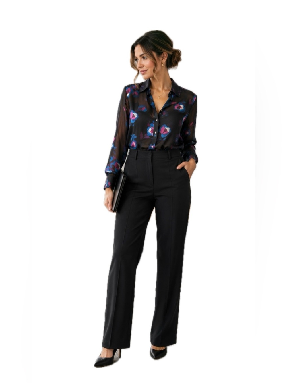 Haver London Semi Sheer Floral Button Front Blouse Black Blue Pink LG